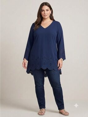 Catalina Navy Blue Laser Cut Eyelet Cutout Tunic Top Blouse 1X / 16W
